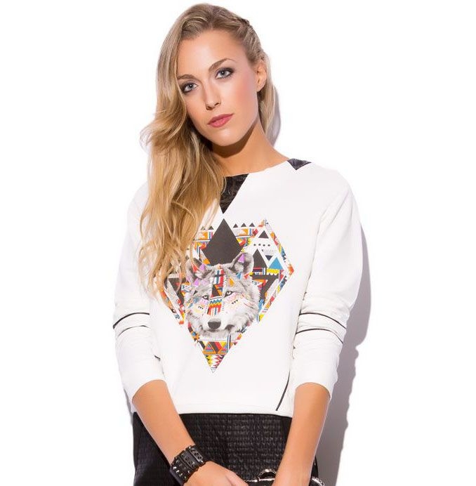 Sudadera Blanca Estampado Patchwork